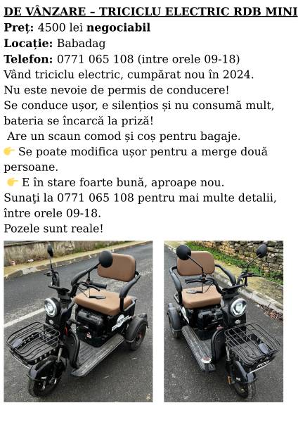 Vând triciclu electric RDB Mini